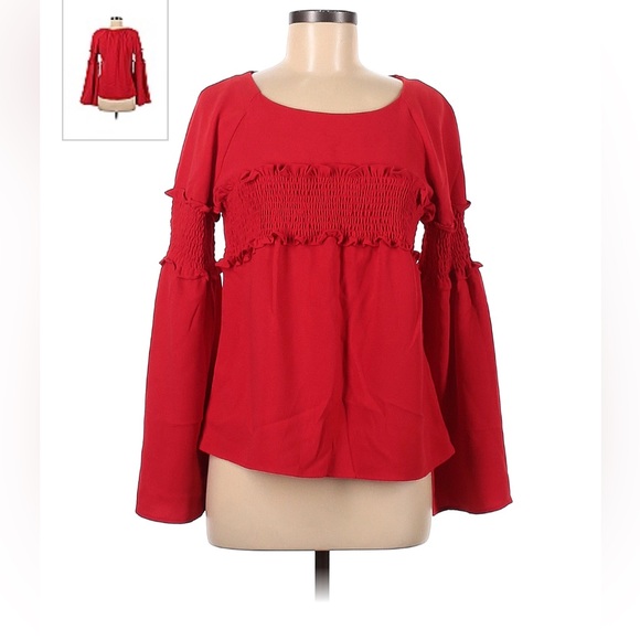 Amaryllis Apparel ruffled blouse Long Bell Sleeves solid Red Size Small - Picture 1 of 15
